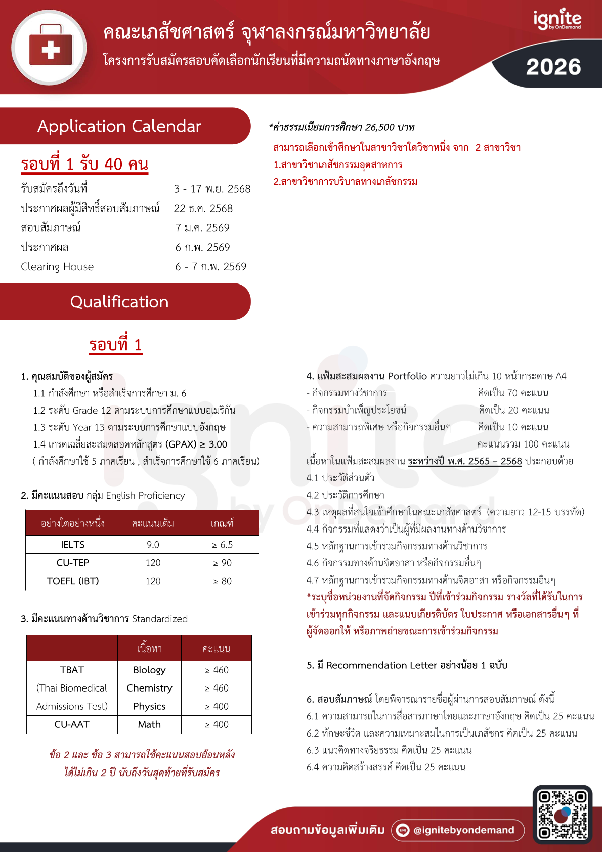 การรับสมัครและคัดเลือกนักเรียนที่มีความเป็นเลิศทาง วิชาการเข้าศึกษาในหลักสูตรเภสัชศาสตรบัณฑิต สาขาวิชาเภสัชกรรมอุตสาหการ และสาขาวิชาการบริบาลทาง เภสัชกรรม คณะเภสัชศาสตร์ ปีการศึกษา 2569 TCAS69 รอบที่ 1วิชาการเข้าศึกษาในหลักสูตรเภสัชศาสตรบัณฑิต สาขาวิชาเภสัชกรรมอุตสาหการ และสาขาวิชาการบริบาลทาง เภสัชกรรม คณะเภสัชศาสตร์ ปีการศึกษา 2569 TCAS69 รอบที่ 1คณะทันตแพทยศาสตร์ ปีการศึกษา 2569