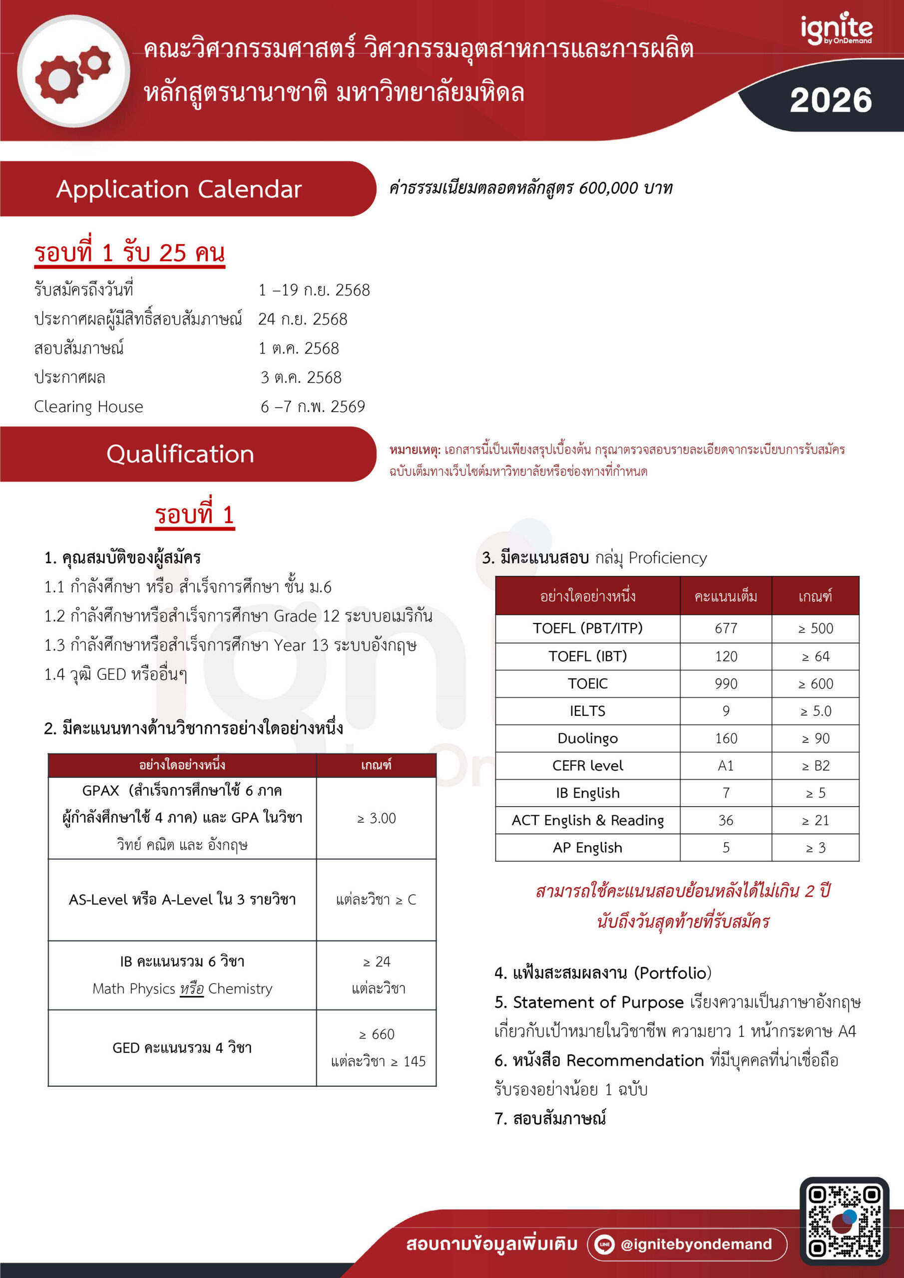 Requirement หลักสูตรวิศวกรรมอุตสาหการและการผลิต (หลักสูตรนานาชาติ) คณะวิศวกรรมศาสตร์ มหาวิทยาลัยมหิดล